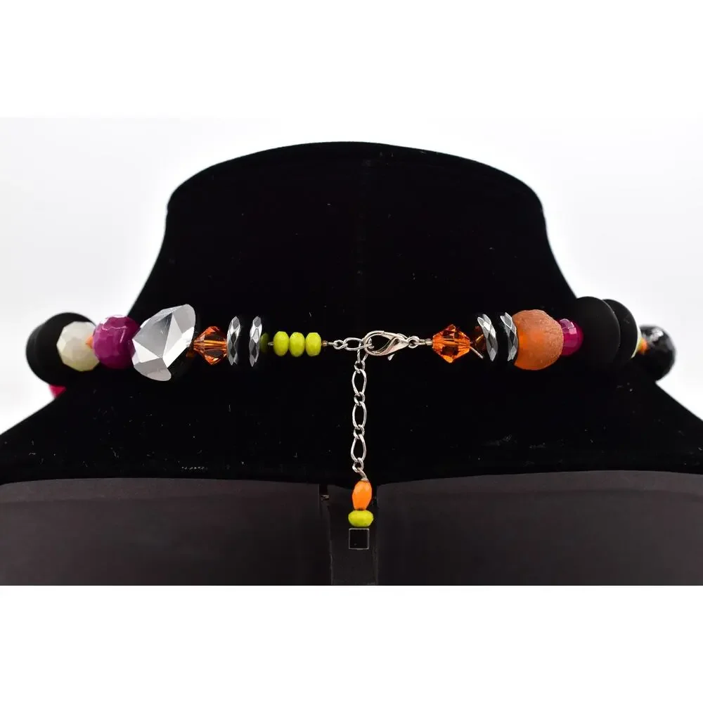 Vintage Glass Beaded Collar Necklace Crystal Purple Orange Black Halloween BinBL